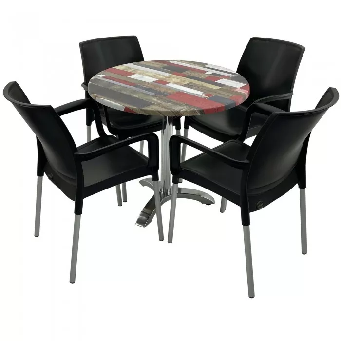 Set 4 scaune SUNSET negru cu masa rotunda 80cm Raki Redden Wood blat ...