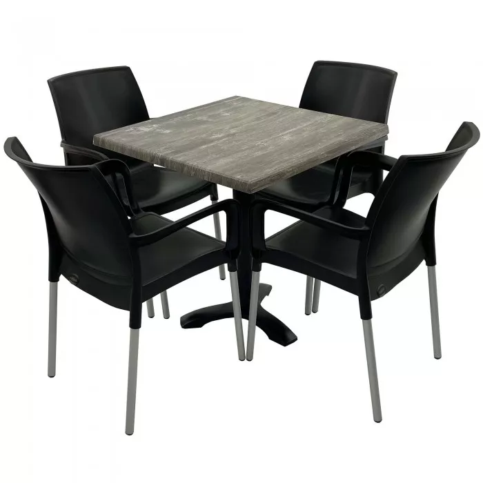 Set 4 scaune SUNSET negru cu masa patrata 70x70cm Raki Olp Pine blat ...