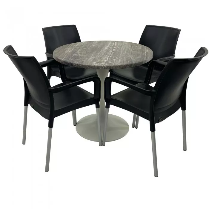 Set 4 scaune SUNSET negru cu masa rotunda 80cm Raki Olp Pine blat ...