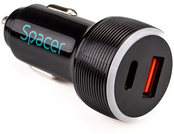 Aliemtator auto Spacer Quick Charge 17W 3.1A max putere totală 17W LED ambiental 1 x USB și 1 x USB Type-C pentru bricheta auto Negru — imaginea 4