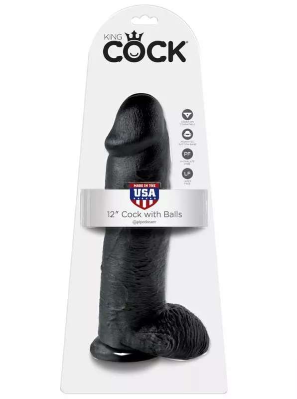 Dildo Black King Cock 12 inch Cock With Balls diametru 7.6 cm