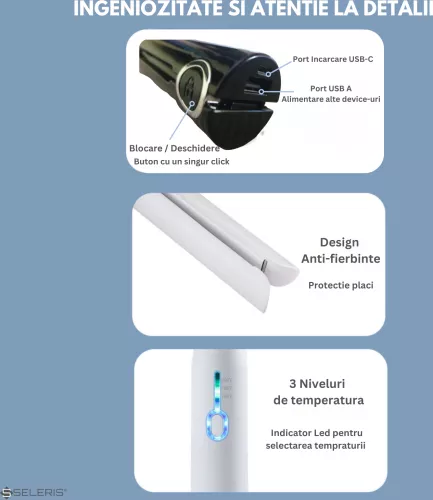 Placa de par portabila SELERIS® 160° C 180° C 200° C 2600mAh USB Micro/USB A Sistem blocare design compact-usor Negru