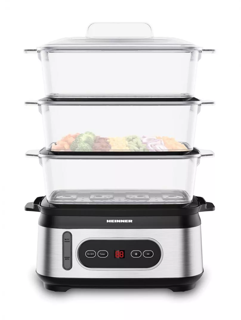 Aparat de gătit cu aburi Heinner HSA-D950SS, 800-950 W, display LED, 9L, 1.5L, Trei vase pentru gatire BPA free, Temporizator 60 min, Indicator luminos, Protecție împotriva funcționării fără apa, Cablu alimentare, Inserții inox (Negru/Argintiu) — imaginea 3