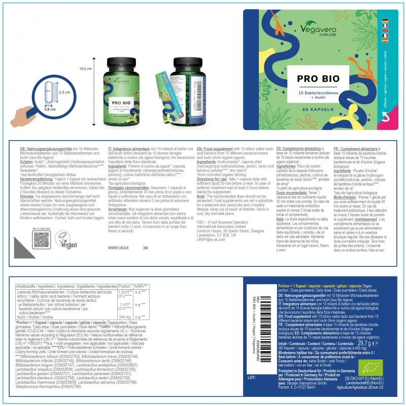 PRO BIO 15 miliarde CFU 15 tipuri bacterii 60 Capsule Vegavero oigv ...