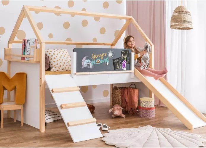 Casa pat pentru copii GINGER HOME Montessori cu doua etaje tobogan