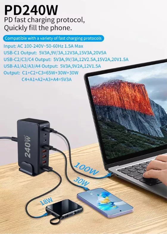 Incarcator portabil / Statie de incarcare rapida 240W GaN 8 Porturi QC2.0 QC3.0 PD PD 3.0 Incarcare rapida USB Type-C + 2 adaptoare