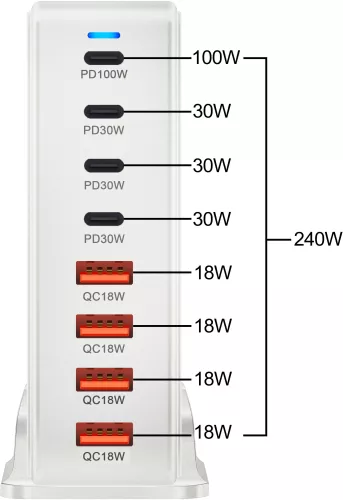 Incarcator portabil / Statie de incarcare rapida 240W GaN 8 Porturi QC2.0 QC3.0 PD PD 3.0 Incarcare rapida USB Type-C + 2 adaptoare