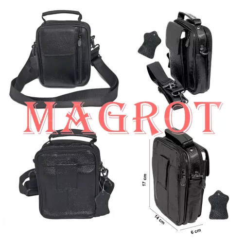Borseta din piele naturala Negru cu suport telefon pentru mana umar sau curea Magrot 5006