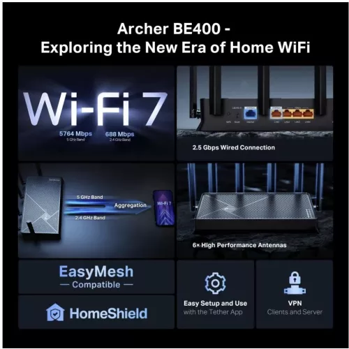 Router Wireless TP-Link Archer BE400 Wi-Fi 7 Dual-Band 2.4GHz 688Mbps 5GHz 5764Mbps 1xWAN 4xLAN (Negru) — imaginea 6