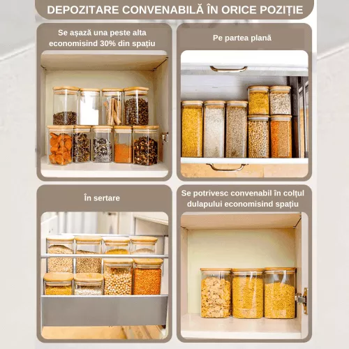 Set de 5 recipiente patrate din sticla borosilicata cu capace bambus ...