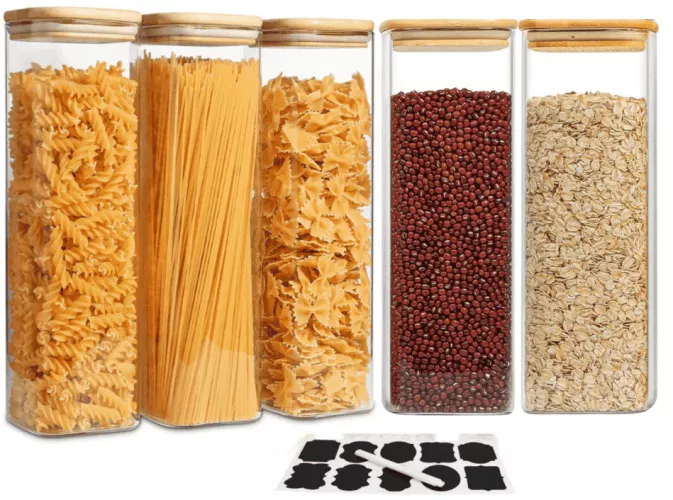 Set de 5 recipiente patrate din sticla borosilicata cu capace bambus ...