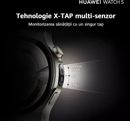 Smartwatch Huawei Watch 5 46mm Black Stainless Steel Case with Black Fluoroelastomer Strap — imaginea 4