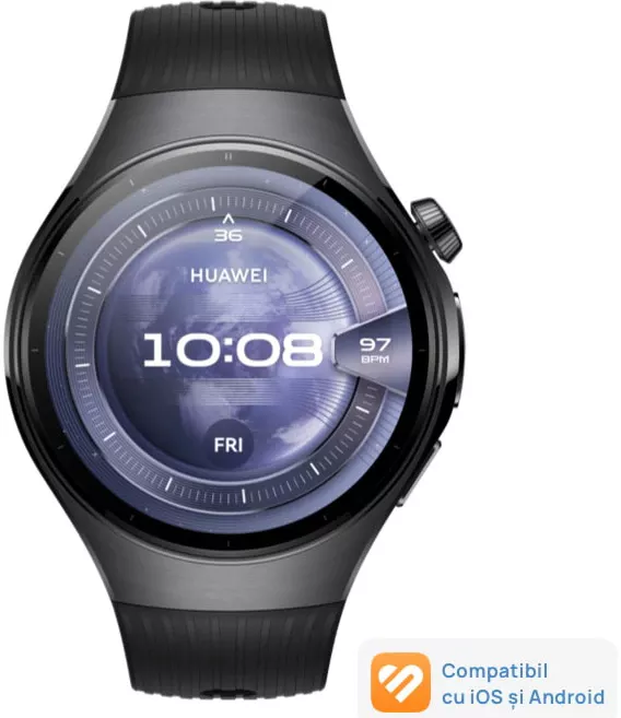 Smartwatch Huawei Watch 5 46mm Black Stainless Steel Case with Black Fluoroelastomer Strap — imaginea 2