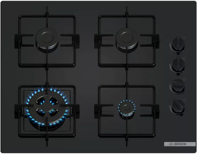 Plita incorporabila Bosch POH6B6K30, Gaz, 4 arzatoare, Arzător Wok, Grătar oțel, 60 cm, Sticlă neagră — imaginea 2