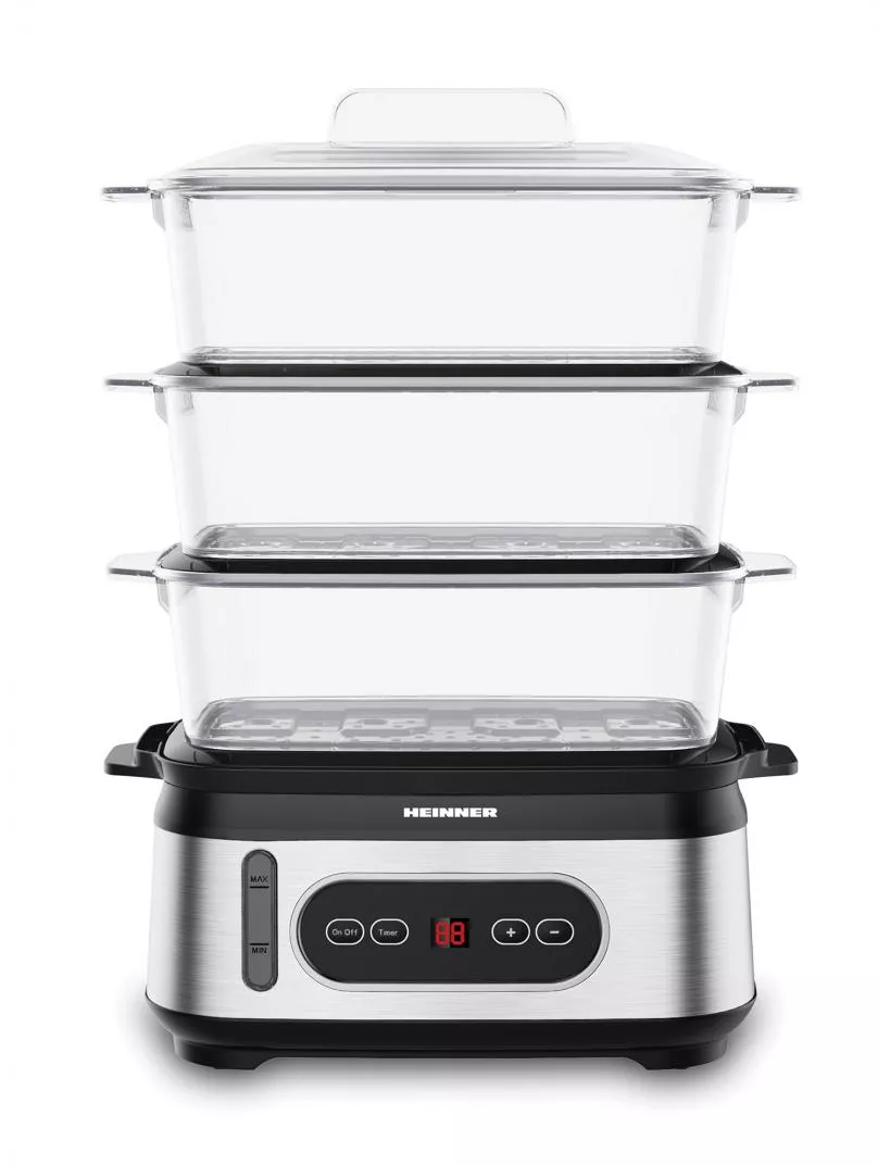 Aparat de gătit cu aburi Heinner HSA-D950SS, 800-950 W, display LED, 9L, 1.5L, Trei vase pentru gatire BPA free, Temporizator 60 min, Indicator luminos, Protecție împotriva funcționării fără apa, Cablu alimentare, Inserții inox (Negru/Argintiu) — imaginea 5