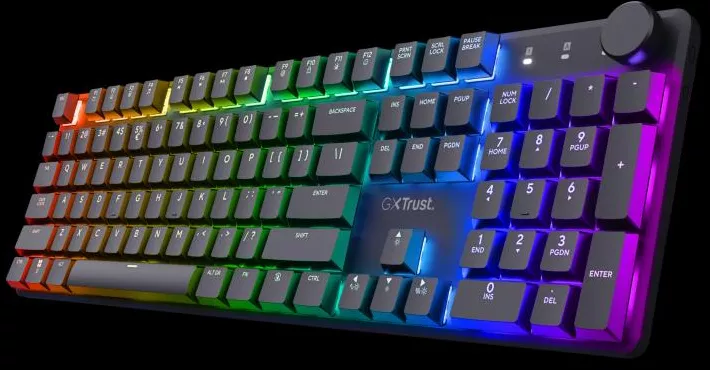 Tastatura Gaming Wireless Trust RGB Huano Linear White Switch Mecanica USB-C iluminare RGB layout US Negru — imaginea 3