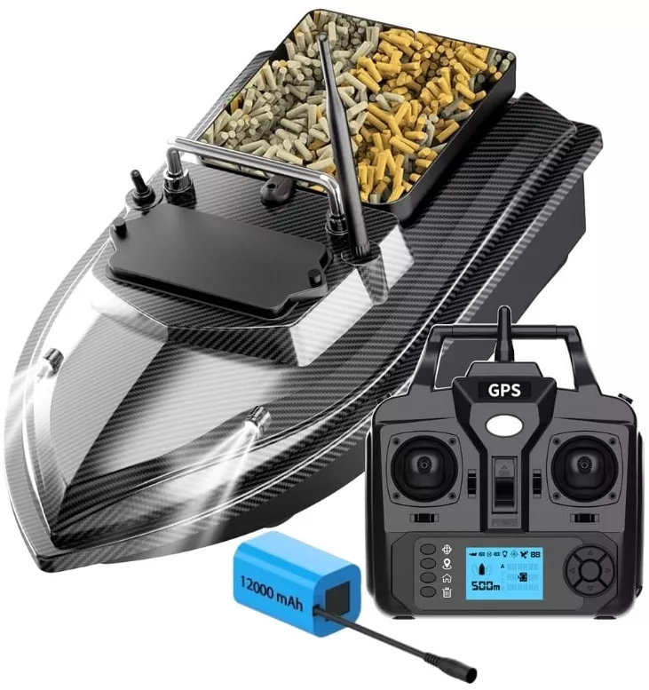 Barca Esca GPS RC Per Pesca – Batteria 12000 MAh, Autonomia 6 Ore, 3 Contenitori, Portata 500 M, Con Borsa Trasporto E Telecomando