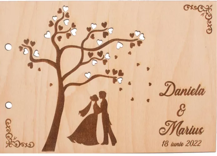 Album Foto GuestBook Nunta HH1586 Personalizat din lemn - Frunze Inima