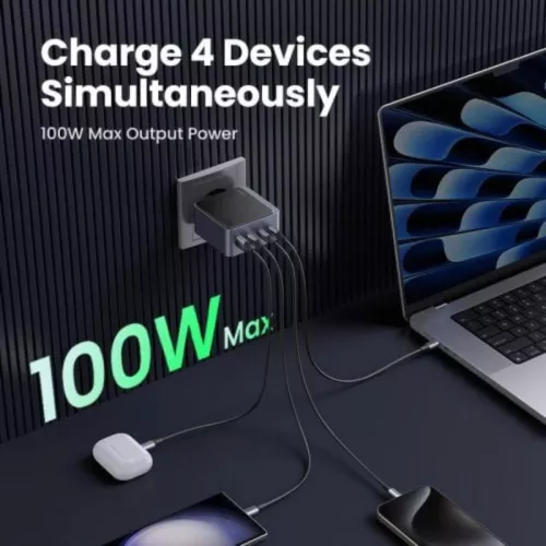Incarcator rețea Ugreen Nexode Air 100W GaN Fast Charging 3x USB-C 1x USB-A NegruGri — imaginea 5