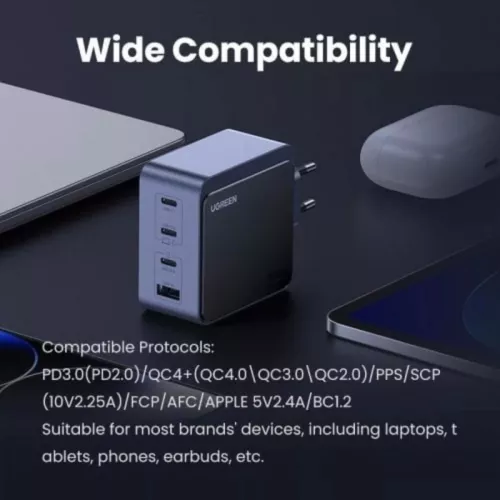 Incarcator rețea Ugreen Nexode Air 100W GaN Fast Charging 3x USB-C 1x USB-A NegruGri — imaginea 6