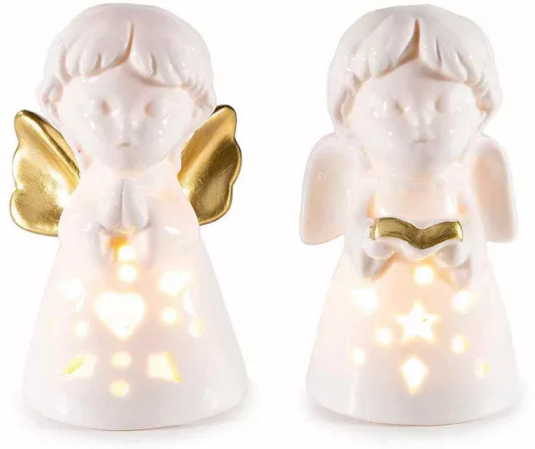 Set 2 figurine Ingeri portelan alb auriu cu led cm 5 5 x 5 x 10 H