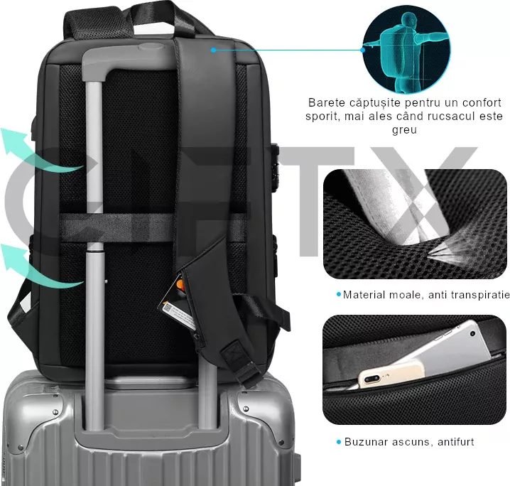 Rucsac laptop 15.6 extensibil hard shell cu USB si cifru antifurt