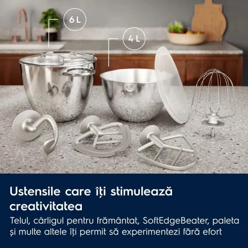 Robot de bucătărie Electrolux E6KM1-8BPT, 1200 W, corp full metal, 10 viteze + Pulse, 2 x bol inox (6 litri + 4 litri), lumina LED pentru bo — imaginea 6