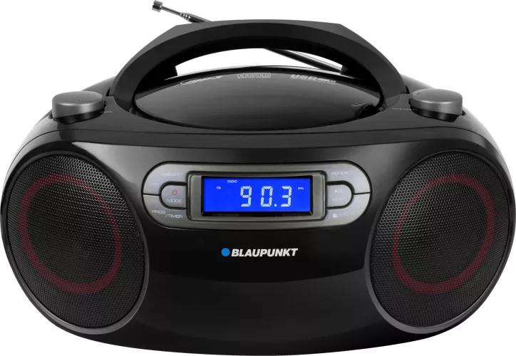 Microsistem Blaupunkt BB18BK, FM, CD, MP3, USB, AUX, 4W RMS, alarma, antena telescopica, LCD, alimentare la retea/baterii, negru