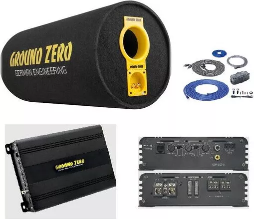 Pachet Subwoofer Auto GROUND ZERO GZ 1300PT + GZIA 200.2 + RIK8 1300W Tub Bass-Reflex 30CM Amplificator 2 Canale Kit Cabluri Negru — imaginea 3