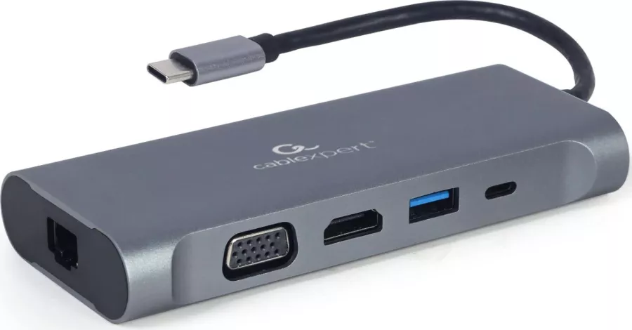 Docking station Gembird 7-in-1, USB-C x 1, USB-A 3.1 x 3, HDMI x 1, VGA x 1, RJ45 x 1, PD 100 W, SD și microSD, audio, Argintiu, A-CM-COMBO7 — imaginea 5