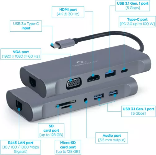 Docking station Gembird 7-in-1, USB-C x 1, USB-A 3.1 x 3, HDMI x 1, VGA x 1, RJ45 x 1, PD 100 W, SD și microSD, audio, Argintiu, A-CM-COMBO7 — imaginea 6
