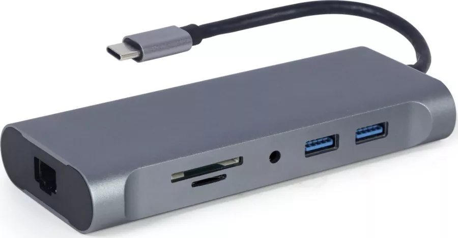 Docking station Gembird 7-in-1, USB-C x 1, USB-A 3.1 x 3, HDMI x 1, VGA x 1, RJ45 x 1, PD 100 W, SD și microSD, audio, Argintiu, A-CM-COMBO7 — imaginea 3