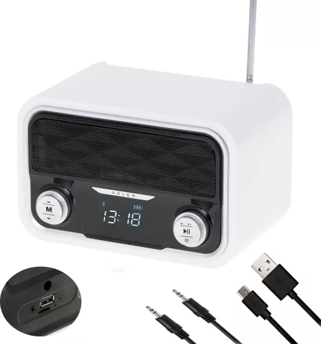 Radio Bluetooth FM Adler, 50 de stații de memorie, MP3, Port USB și card SD, Fără fir, Portabil, Baterie 1800 mAh, Micro USB, Alb/Negru — imaginea 4