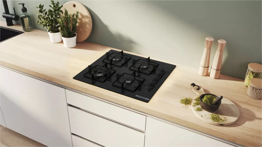 Plita incorporabila Bosch POH6B6K30, Gaz, 4 arzatoare, Arzător Wok, Grătar oțel, 60 cm, Sticlă neagră — imaginea 4