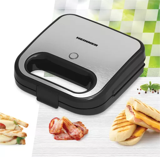Sandwich maker Heinner SILVERSTONE SM-K750FGSL, 750w, capacitate: 2 sandwich-uri, plăci antiadezive fixe tip grill, silver — imaginea 3