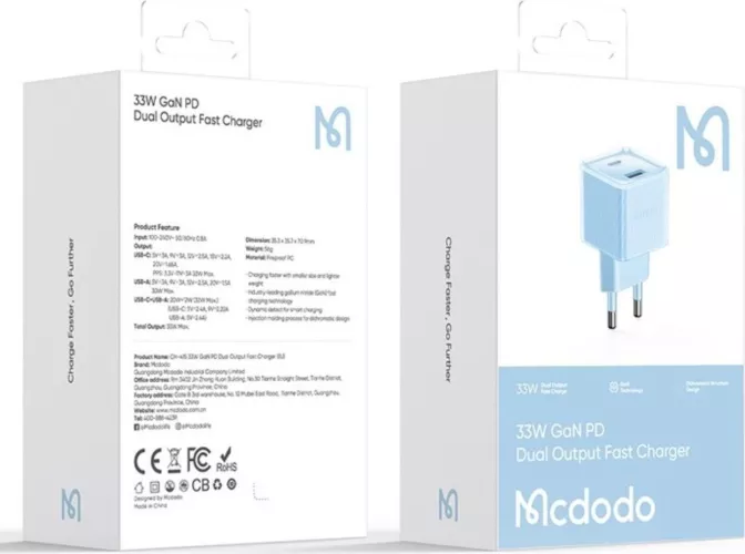 Incarcator Rețea Mcdodo Dichromatic Dual Port Type-C și USB-A Fast Charging PD 33W Albastru — imaginea 5