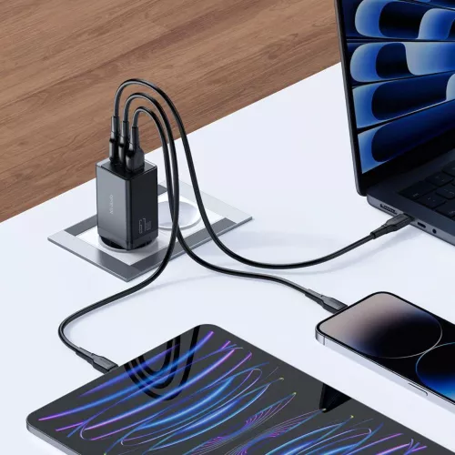 Incarcator Rețea Mcdodo CH-1544 GaN5 Mini Pro Fast Charger, 67W, 2x USB Type-C și 1x USB-A, cablu Type-C la Lightning, 1.2m (Negru) — imaginea 6