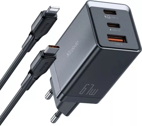 Incarcator Rețea Mcdodo CH-1544 GaN5 Mini Pro Fast Charger, 67W, 2x USB Type-C și 1x USB-A, cablu Type-C la Lightning, 1.2m (Negru) — imaginea 3