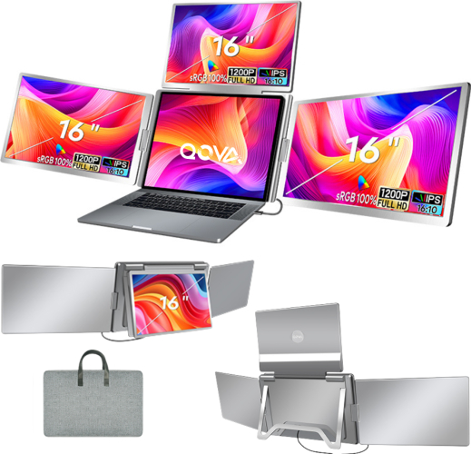 Triplu Extensibil si Portabil pentru laptop QOVA® Quad Screen de 16 inch 3 Ecrane IPS 16 10 - Full HD 1200p pliabile si rotative 360° Compatibil Windows and Macbook Su - imagine 1