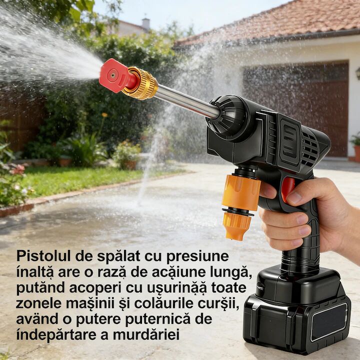 Aparat De Spalat Cu Presiune Tip Pistol Fara Fir 2 Acumulatori 48V  Reincarcabili Recipient Spuma Geanta De Transport 60 Bar /800W Negru