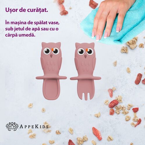 Set tacâmuri din silicon AppeKids Owl Old Rose — imaginea 6
