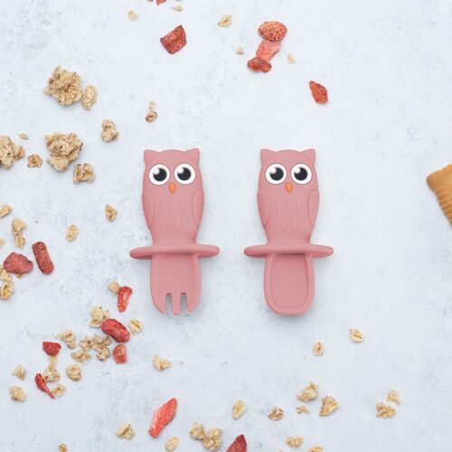 Set tacâmuri din silicon AppeKids Owl Old Rose — imaginea 4