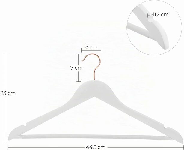 Set de 20 de umerase din lemn, cu bara antiderapantă pentru pantaloni și cârlig rotativ, 45 cm, alb — imaginea 4