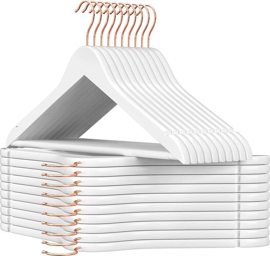 Set de 20 de umerase din lemn, cu bara antiderapantă pentru pantaloni și cârlig rotativ, 45 cm, alb — imaginea 3