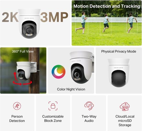 Camera de supraveghere exterior Wireless Mercusys MC510 cu Pan/Tilt 360 grade, 2K QHD 3MP, Color Night Vision, Detectarea și urmărirea persoanelor, Two-Way Audio, ONVIF, IP65 — imaginea 5