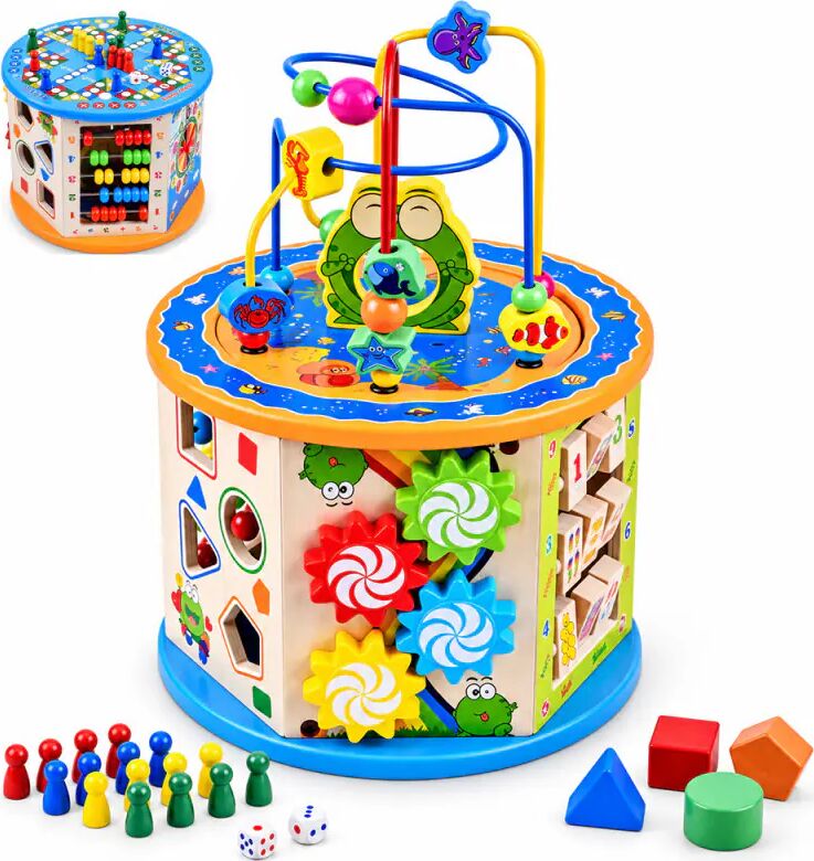 Cub activități educative copii, 8 in 1, ceas, labirinturi, abac, forme geometrice, multicolor, lemn — imaginea 5